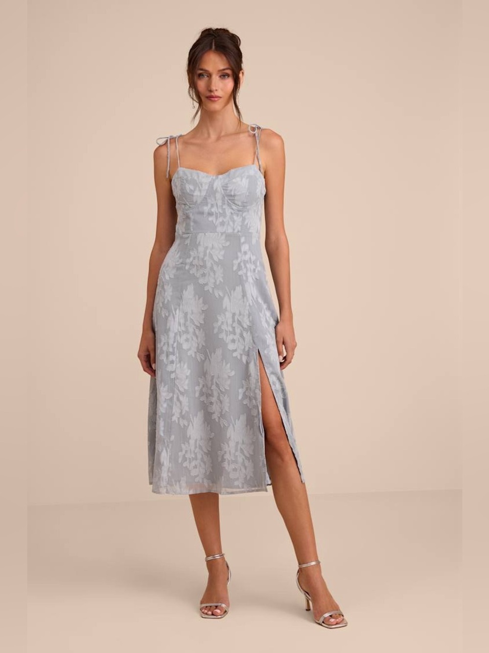 Lulus Loveliest Looks Dusty Blue Floral Jacquard Tie-Strap Midi Dress